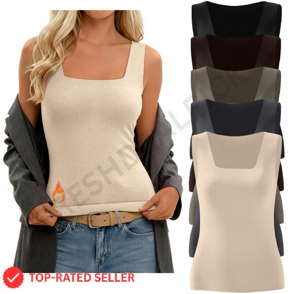 Fleece Lined Thermal Tank Top Seamless Square Neck Slim Fit Base Layer